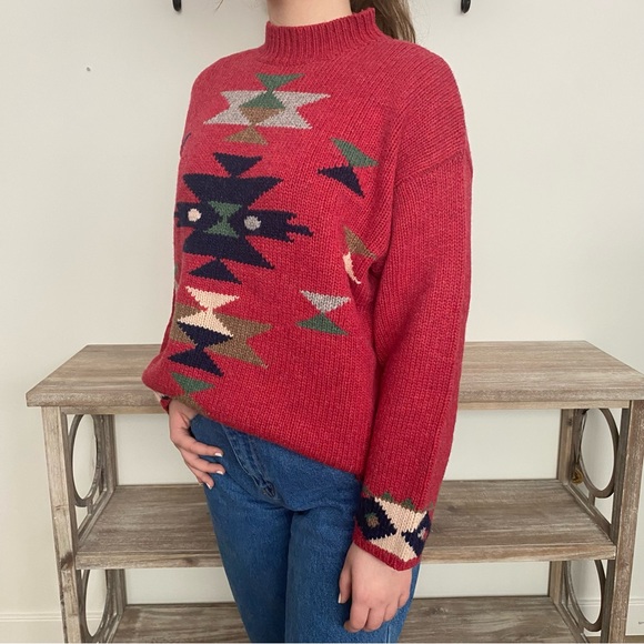 Vintage Fringe Southwestern Aztec Lambs Wool Oversized Sweater - Picture 3 of 12